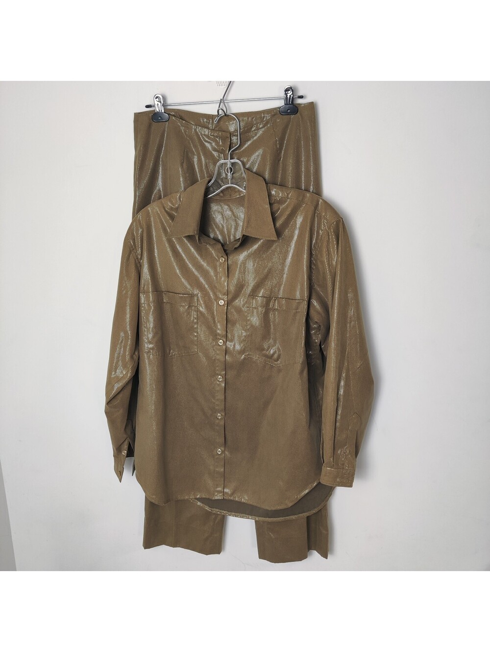 Metallic Bronze Snakeskin Shimmer Button Up Shirt & Pants Coord Set 2-Piece Fall